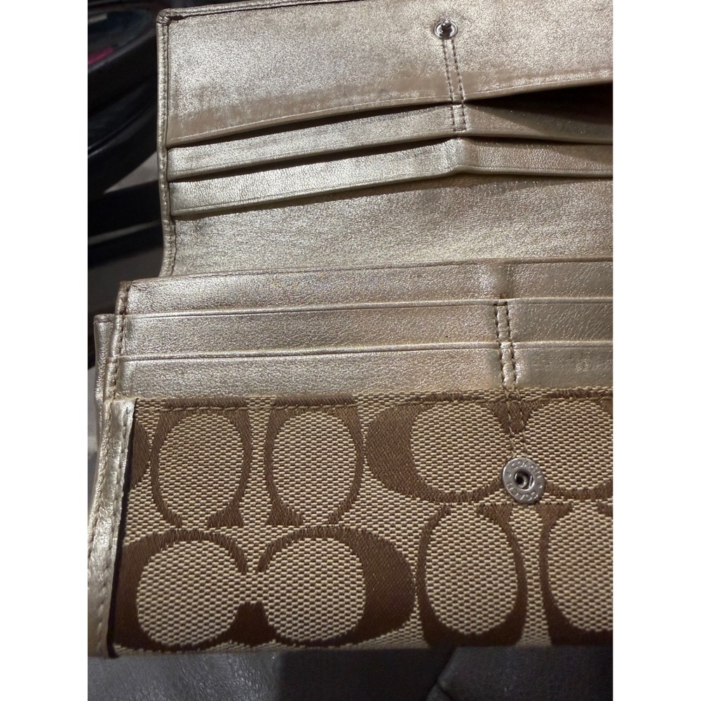 Coach Signature C Monogram Canvas Long Tri-Fold Wallet Metallic Gold Leather - Picture 7 of 13
